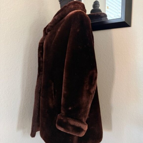 VINTAGE 50s Mouton Sheepskin Fur Chocolate Brown Coat Large - Picture 5 of 16